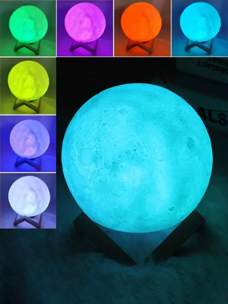 3D Moon Lamp With USB Charging & Wooden Base LED Night Light - Multicolor