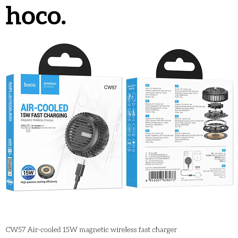 Hoco CW57 15W Magnetic Wireless Fast Charger - Black