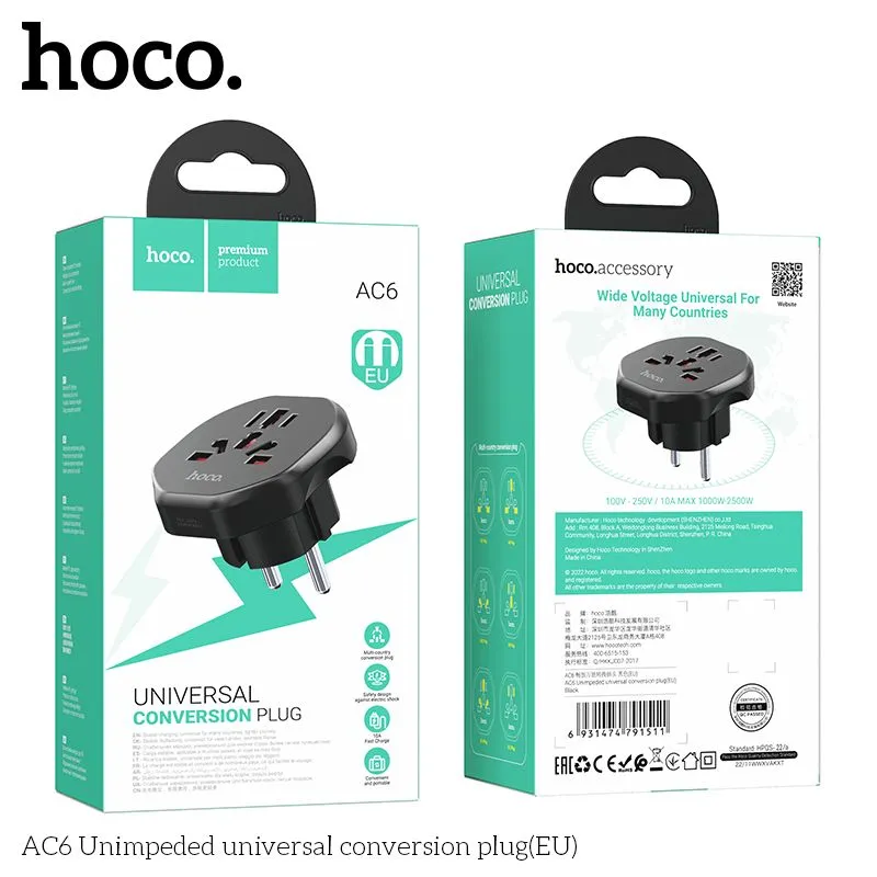 Hoco AC6 Unimpeded Universal EU Adapter - Black