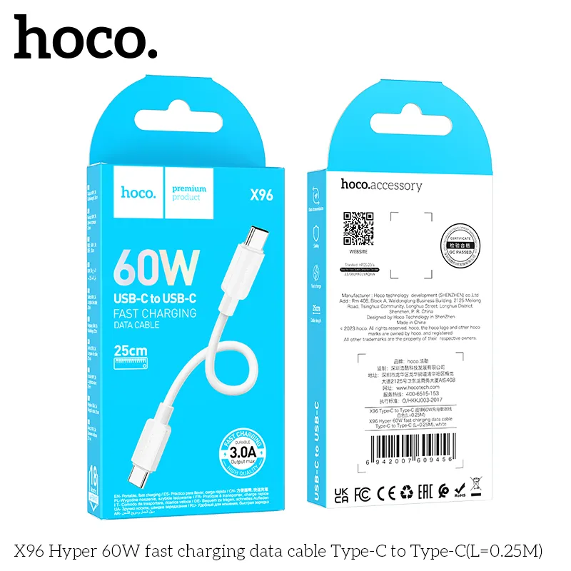 Hoco X96 Hyper 60W Type C To Type C Fast Charging Cable 0.25M - White
