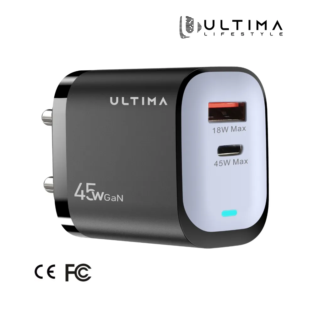 Ultima Rapid 45 | 45Watt Dual Port GaN Charger | CE & FCC Certified Charger | Universal Protocol Support (98% All Protocols Like VOOC, WARP, DASH) | Type C (45W Max) & USB A ( 18W Max) Output | Auto-Cut Function | 1 Year Replacement Guarantee