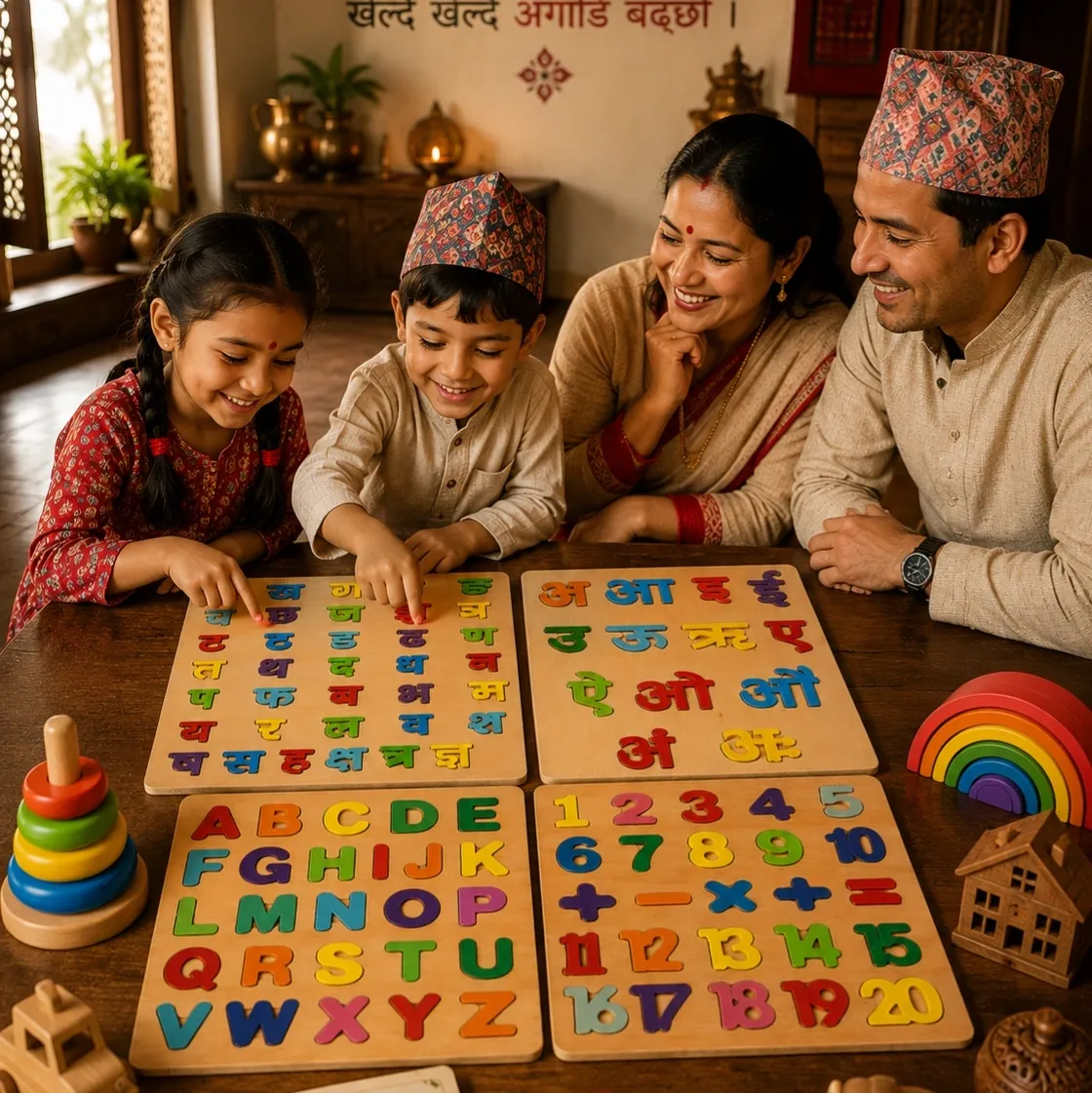 Ultimate 4 In 1 Wooden Learning Puzzle Set With Nepali English Alphabet And Numbers 