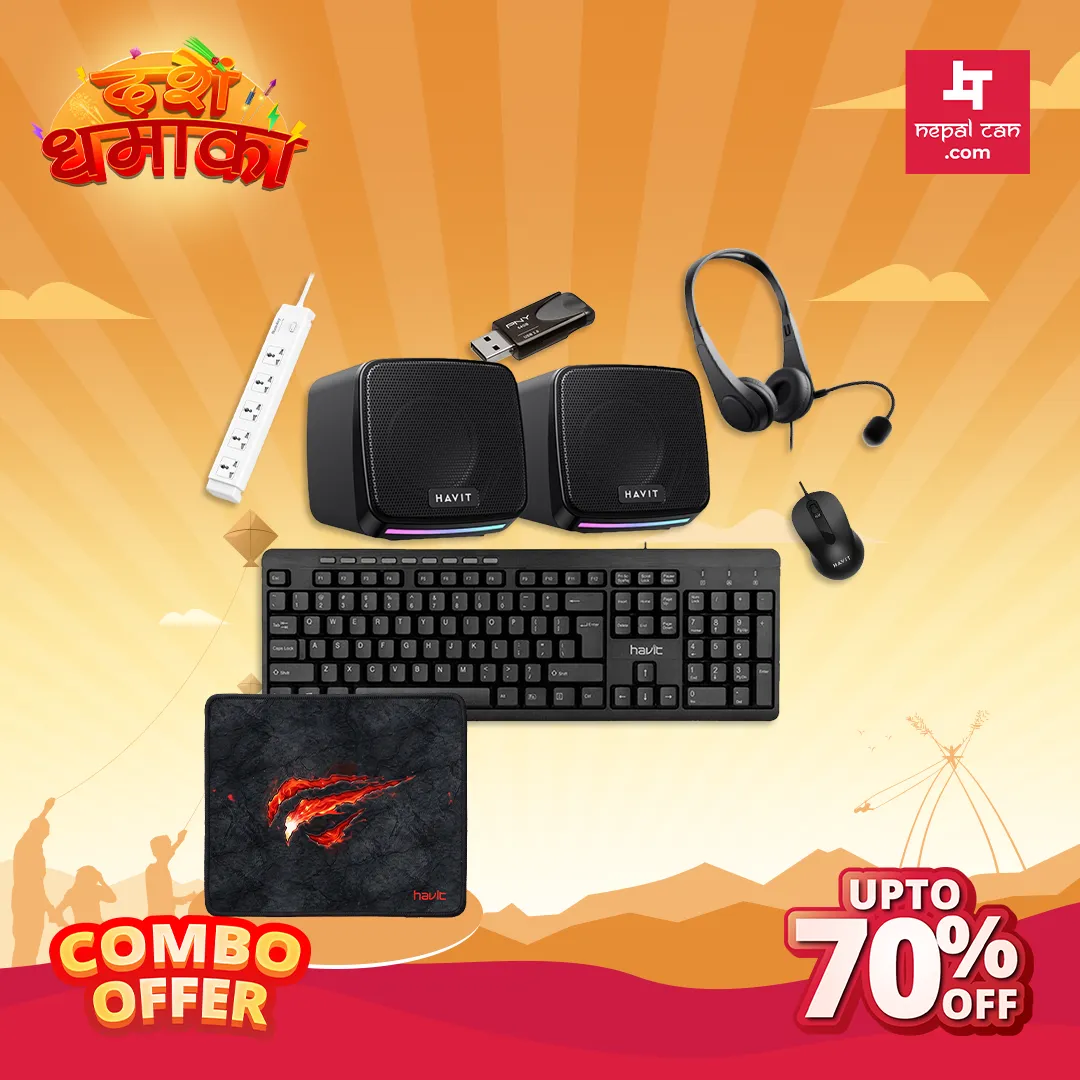 Havit Work Pro Wired Desk Setup – Keyboard, Mouse, Headphone, RGB Speaker, 64GB USB & Power Strip