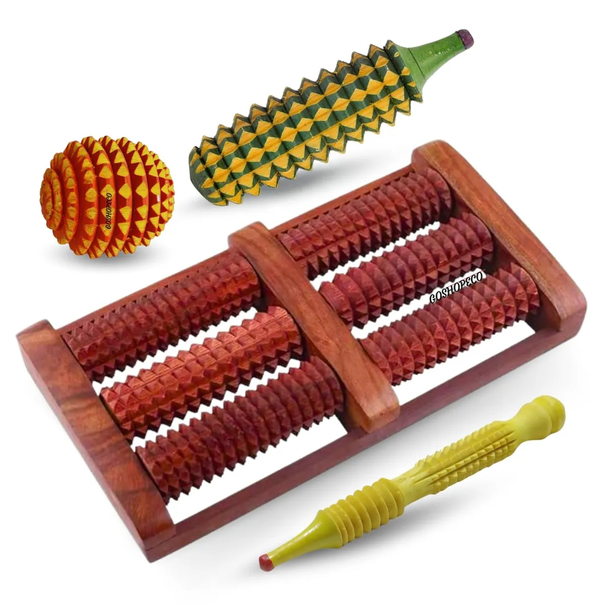 Wooden Foot Acupressure Massage Roller & Pain Relief Set - 4 Pcs