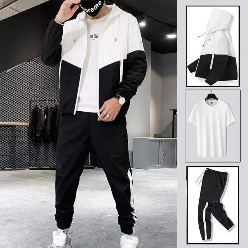 Men’s Summer 3 Pcs Set – Windcheater Jacket, Joggers & T-Shirt