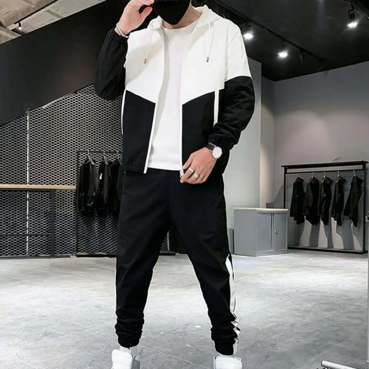 Men’s Summer Stylish Black And White Patchwork Design Lightweight Jacket And Trouser Set