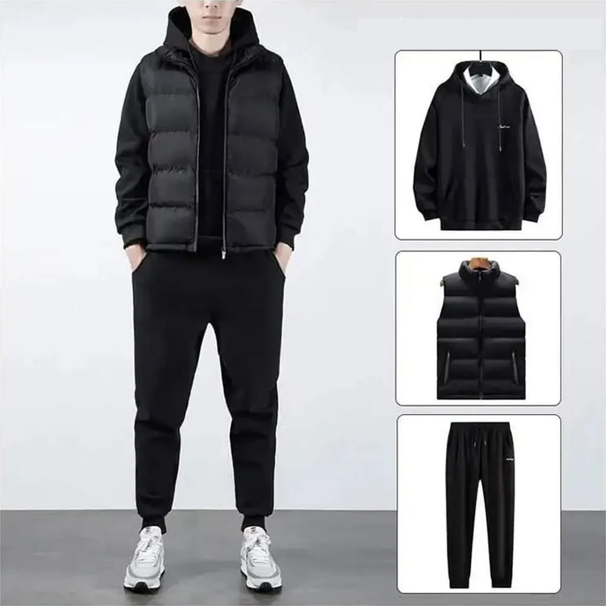 Men's Warm Tracksuit Set | Half Jacket Hoodie & Joggers - Set Of 3 Pcs 