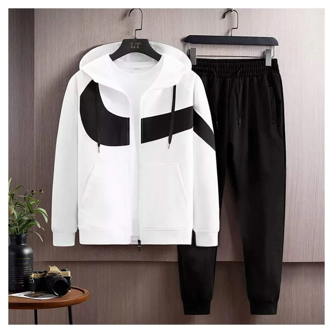 Men's Winter Warm Inside Fleece Hoodies & Plain Joggers Tracksuit Set - White