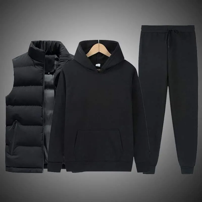 Set Of 3 Pcs Men's Winter Warm Stylist Set | Half Jacket Hoodie & Joggers