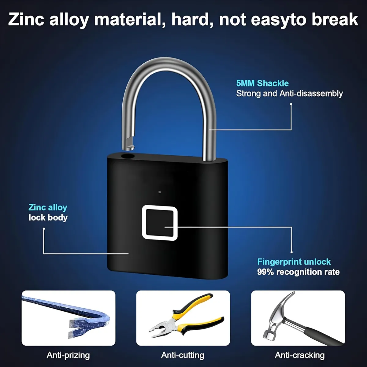 Smart Fingerprint Padlock With Type-C Rechargeable Design - Black