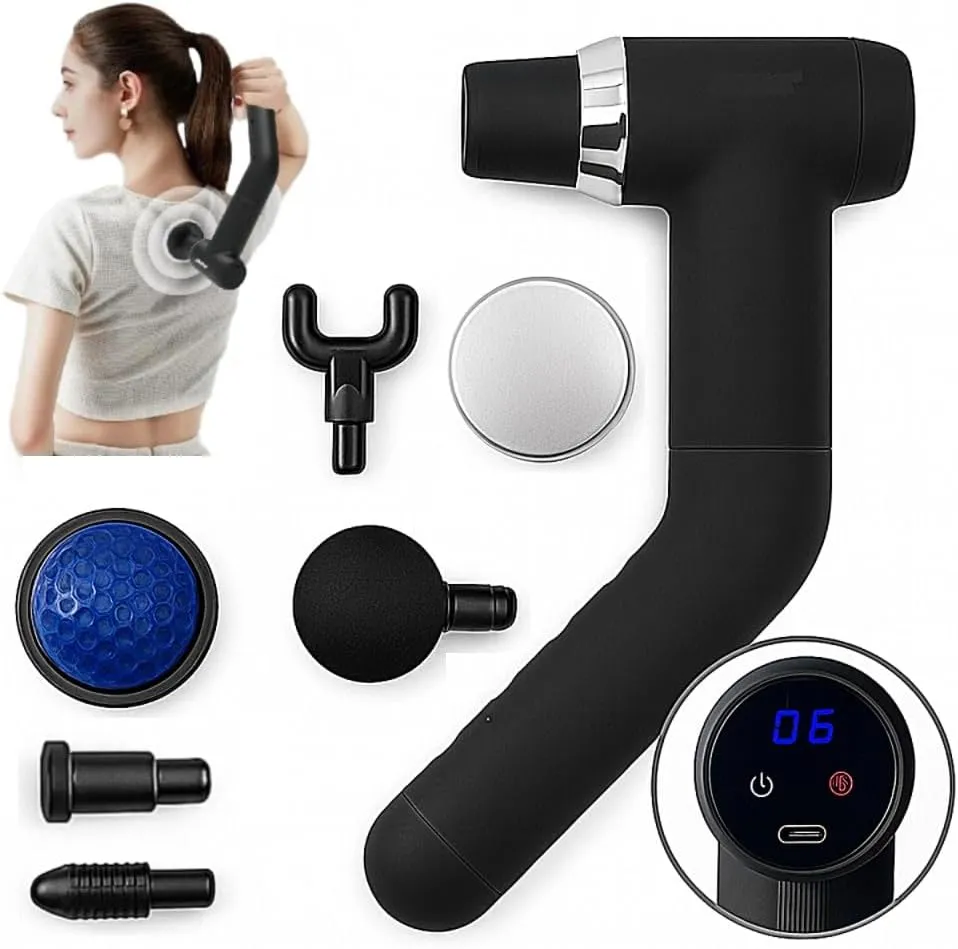 Deep Tissue Percussion Massage Gun With Long Handle & 6 Heads - Type-C Rechargeable
