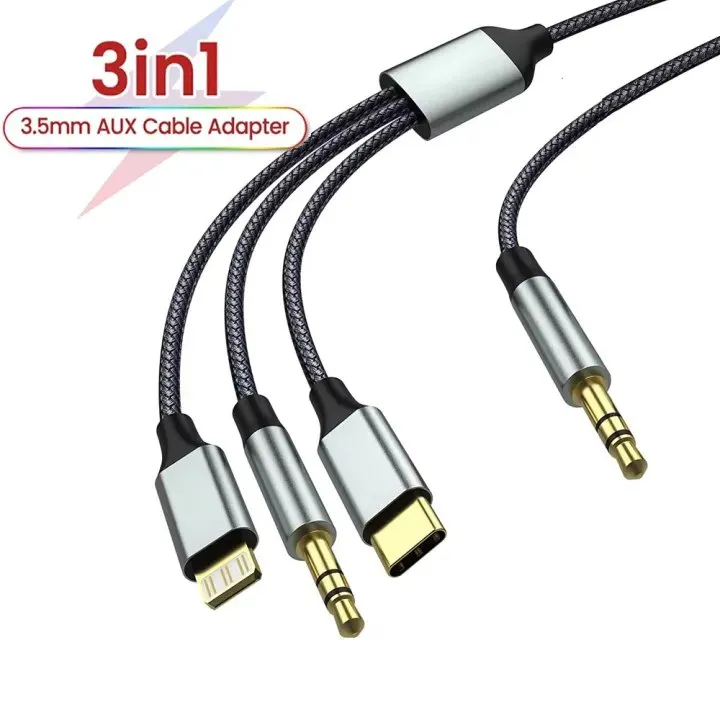 3 In 1 Aux Audio Cable | USB-C & Lightning To 3.5mm Jack Adapter For Car & Speaker