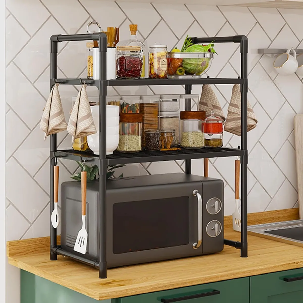 Adjustable Microwave Oven Rack & Counter Organizer – Multi-Functional Kitchen Storage Shelf With Hanging Hooks