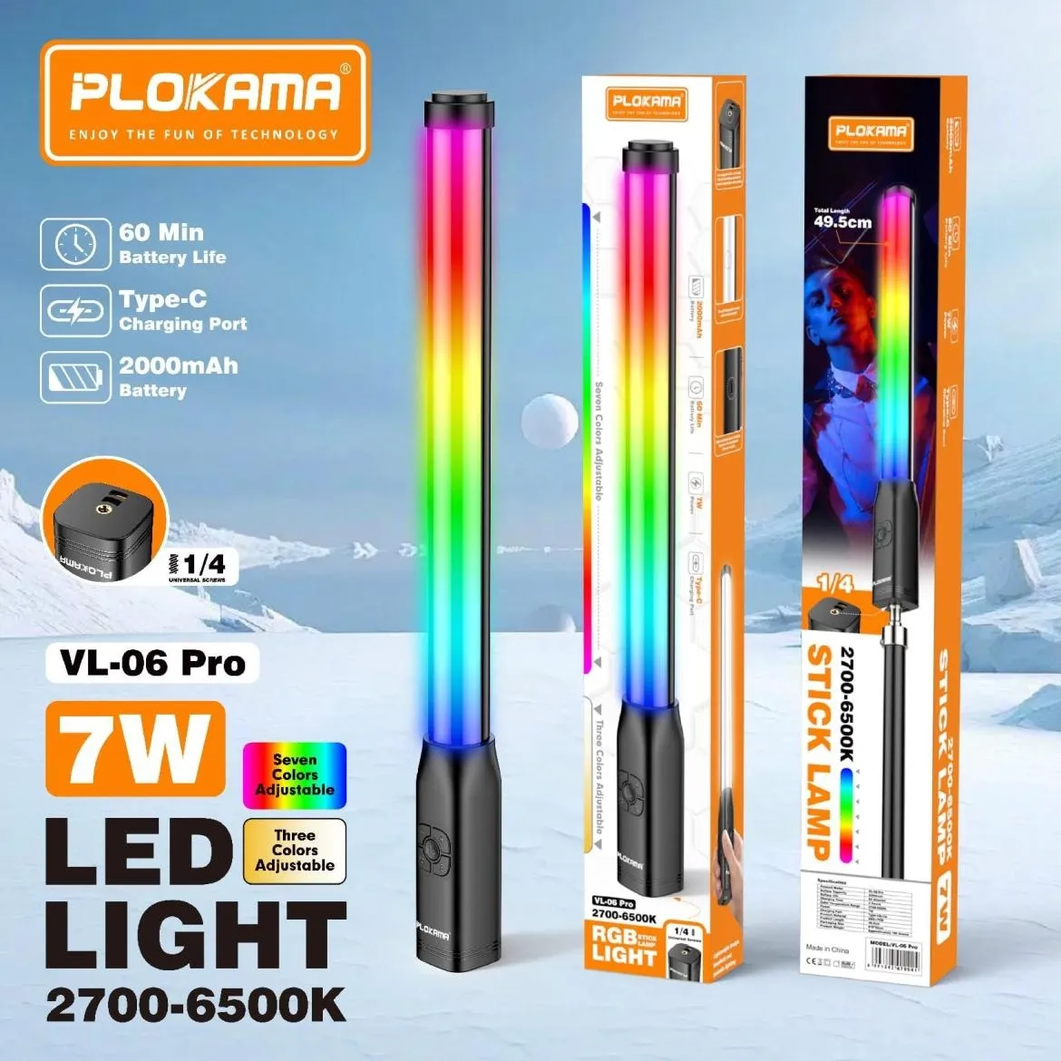 Plokama VL06 Pro Handheld RGB LED Light Stick with Adjustable Color Temperature & Rechargeable Battery