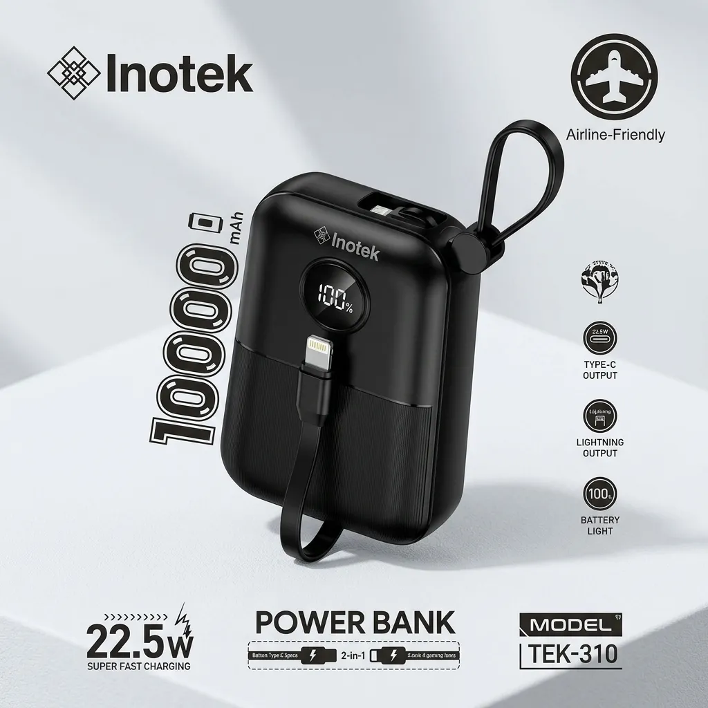 Inotek TEK 310 10000mAh 22.5W Super Fast Charging Powerbank With Built-in Type-C & Lightning Cables