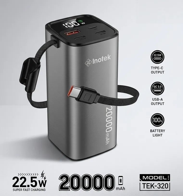 Inotek TEK 320 20000mAh 22.5W Super Fast Charging Power Bank With Built-in Type-C Cable & Lanyard