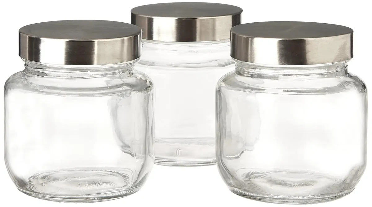 Yera Glass Aahar Steelex Achar Jar 3 pcs Set Air tight Container Round Glass Jar Stainless Steel Lid 250 gm 500 gm 750 gm 1 kg  2 kg 3 kg 4 kg 5 kg