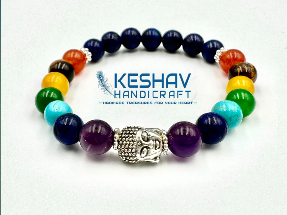 7 Chakra Healing Stone Bracelet with Buddha Head, Lapis Lazuli  – Handmade