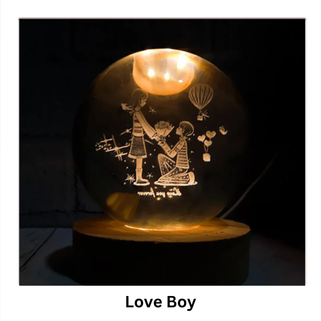 3D Crystal Ball LED Night Light With Dolphin Swan And Love Designs 