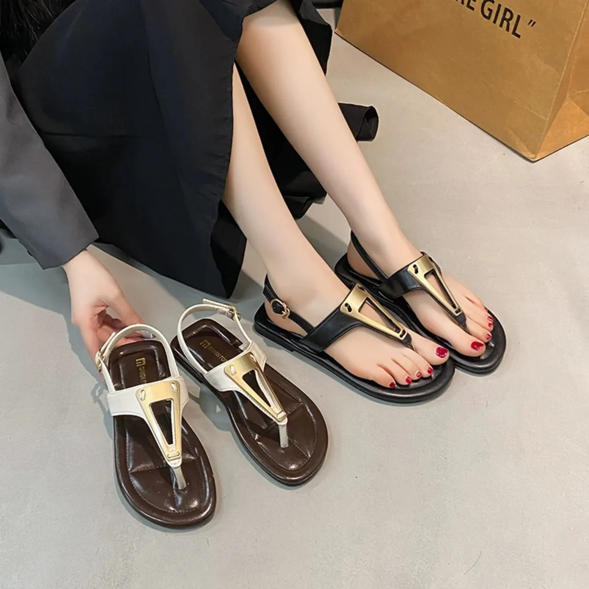 Open-Toe Buckle Strap Flat Sandals For Women
