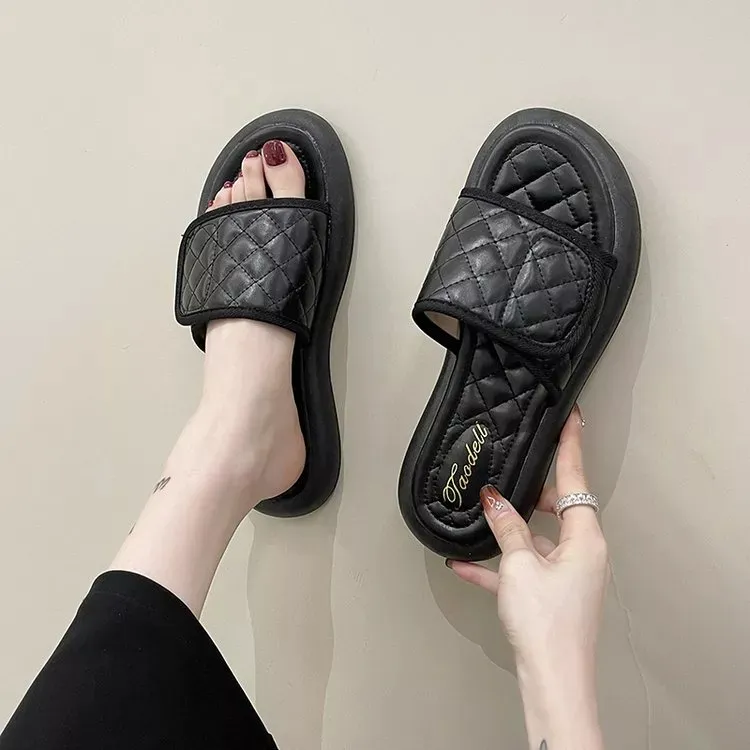 Designer Plaid Leather Platform Slides For Women