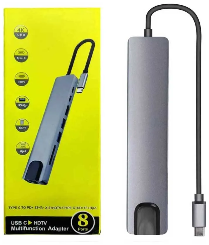 8 In 1 USB-C Multiport Hub With 4K HDMI Adapter - Black