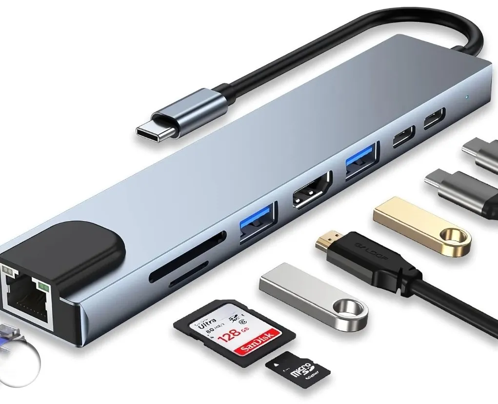 8 In 1 USB-C Multiport Hub With 4K HDMI Adapter - Grey