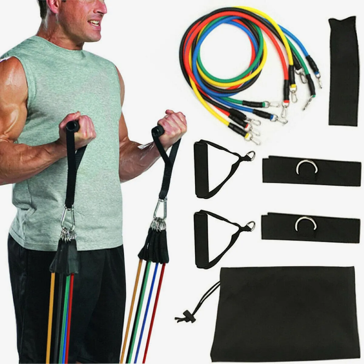 5 In 1 Power Resistance Band Home Gym Exercise Set - Black