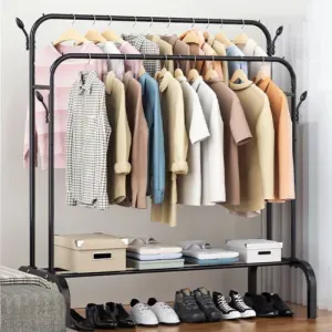 Double Rod Heavy Duty Clothes Rack With Wheels & Storage Stand - White