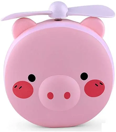 Cartoon 3 In 1 Piggy Led Mirror Fan With Light & Usb Rechargeable - Pink
