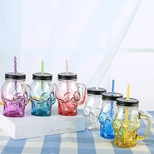 4 Piece Skull Mason Jar Glass Mug Set With Straw & Lid - Off White