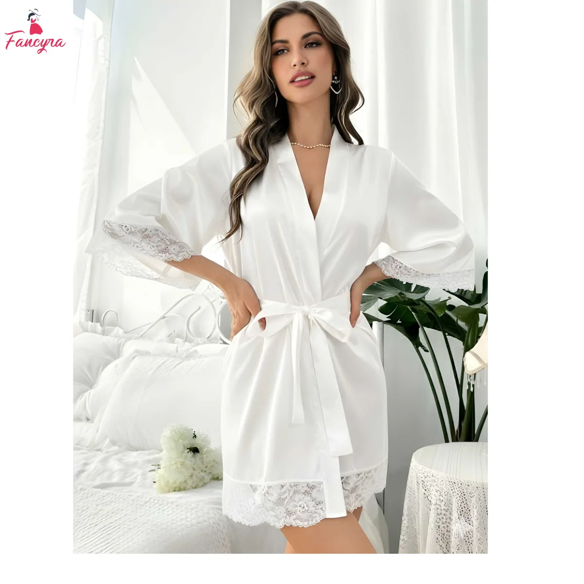 Fancyra Women Short Bathrobe With Lace And Belt White Satin Robe Night Wear Sleepwear