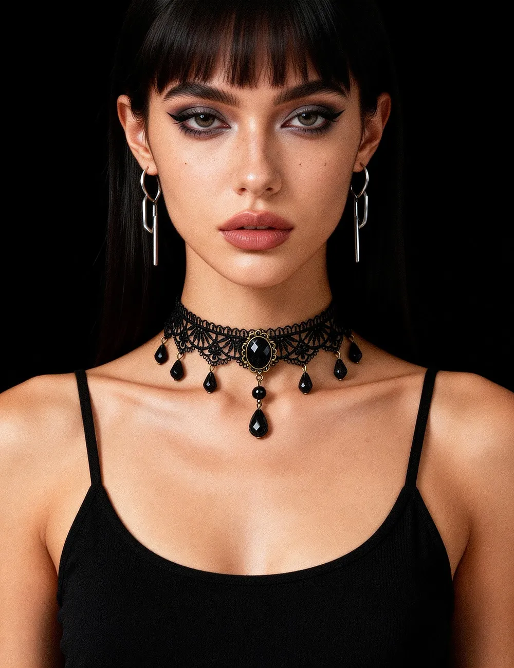 Fancyra Black Vintage Lace Geamstone Bead Pendant Neckless