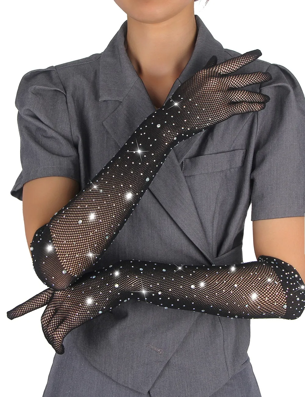 Fancyra Women Black Fishnet Rhinestone Hand Gloves