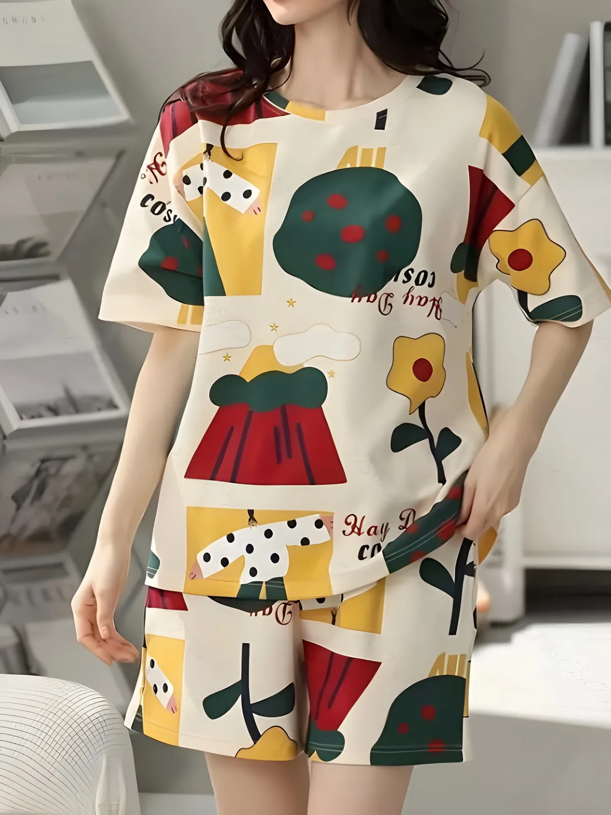 Fancyra Women Cute Printed Half Sleeves Top and Shorts Nightwear Pajama Set