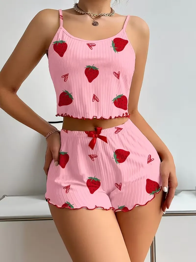 Fancyra Women's Strawberry Print Camisole And Shorts Pajama Set