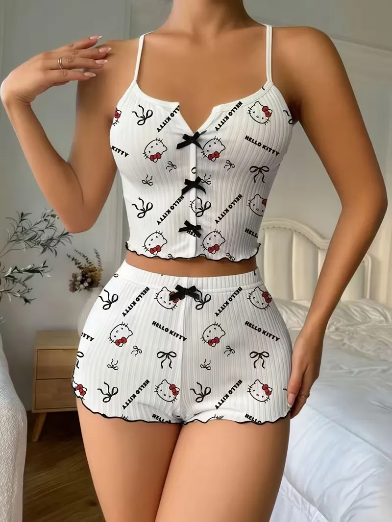 Fancyra White Hello Kitty And Bow Print Casual Comfortable Suspender Shorts & Cami Top Pajama Set