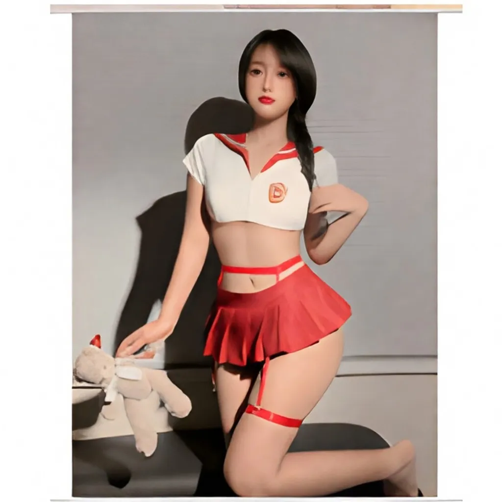 Fancyra Women Schoolgirl Costume Babydoll Crop Top with Sailor Collar Pleated Mini Skirt  Roleplay Outfit Lingerie
