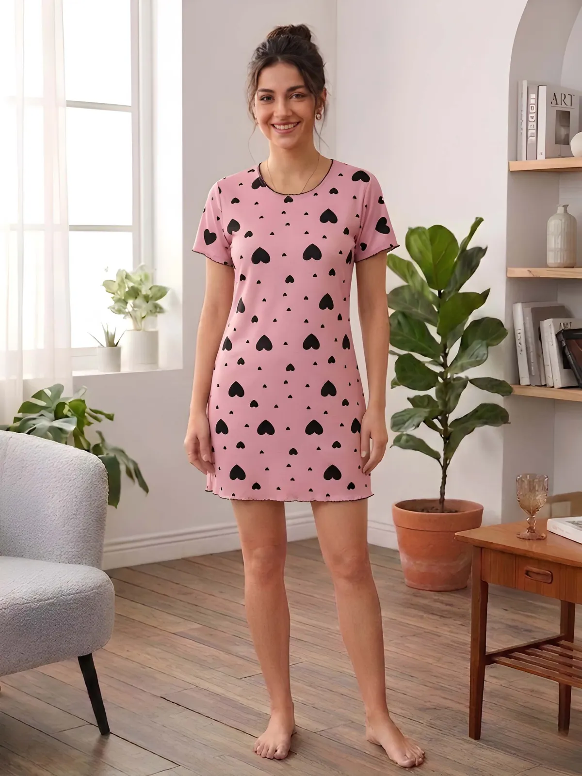 Fancyra Women’s Pink Heart Print Night Dress Soft Cotton Lounge Wear Cute Short Sleeve Nighty