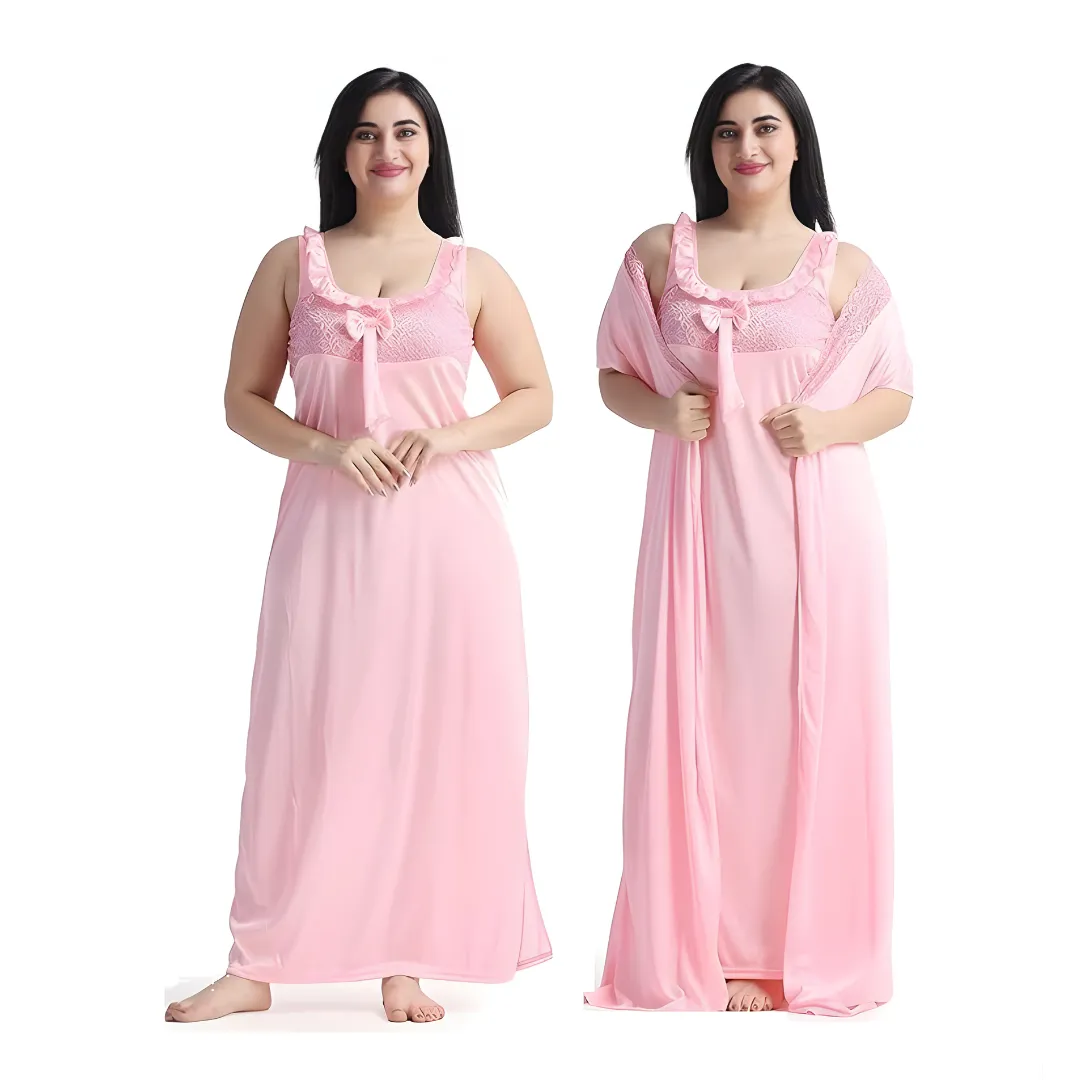 Fancyra Women Satin Solid 2 Piece Nighty with Robe Nightwear Set Free Size