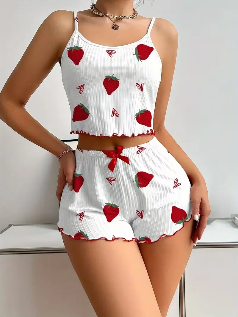 Fancyra Women 2 Piece Strawberry Printed Pajama Sets Cami Top and Shorts