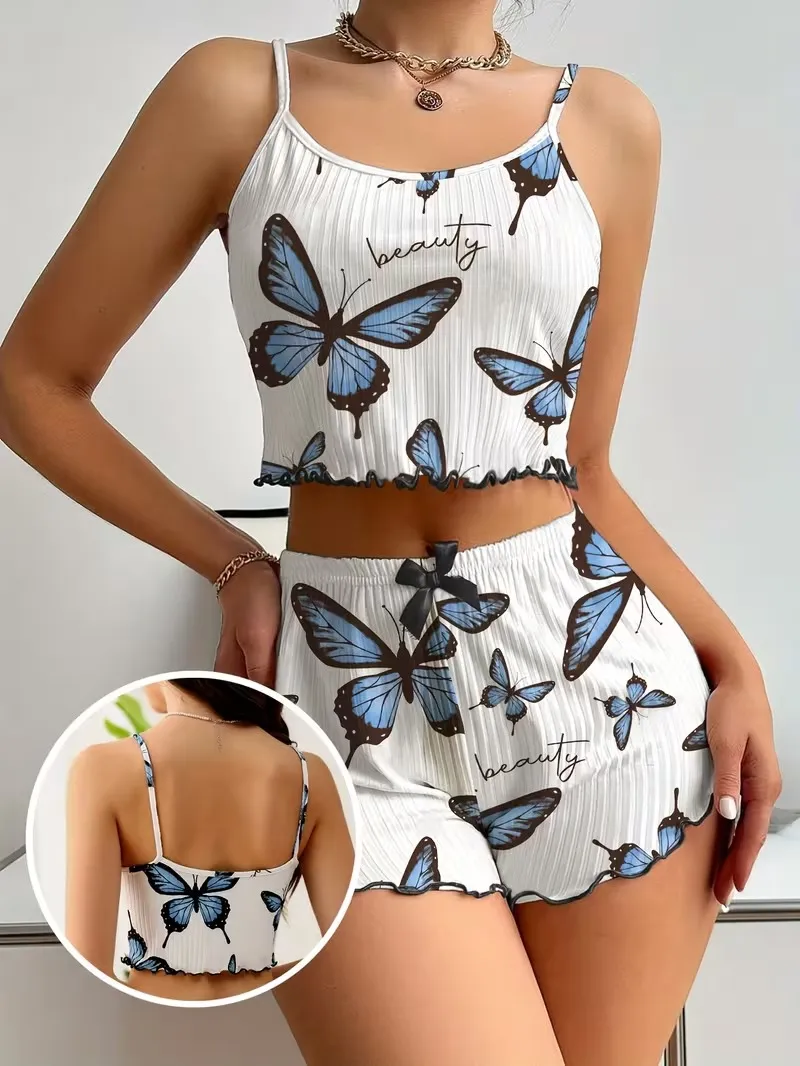 Fancyra Women's Butterfly Print Ribbed Crop Cami Set with Shorts Pajama Set