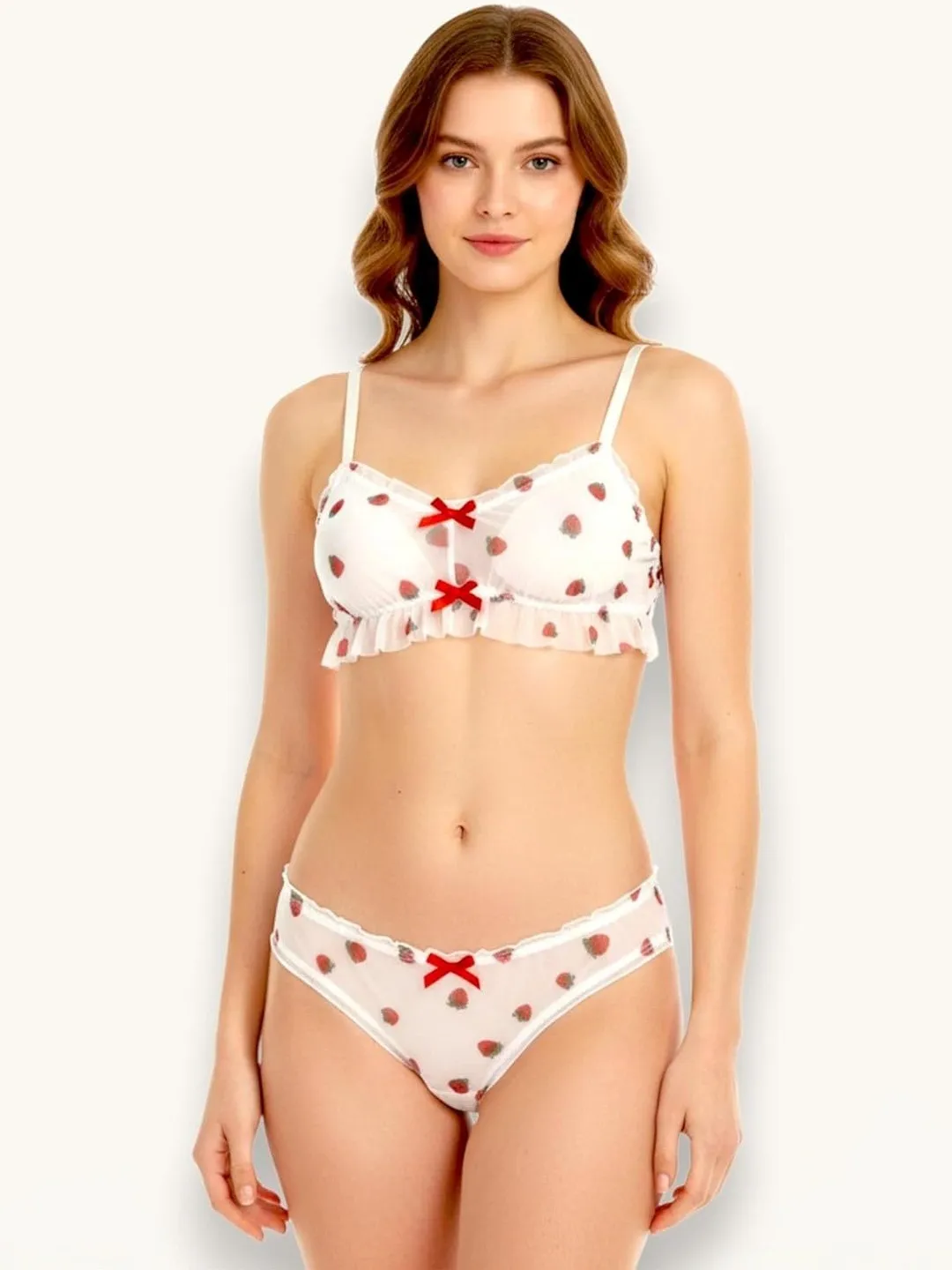Fancyra Women Sheer Strawberry Print Transparent Babydoll with Bralette & Panty
