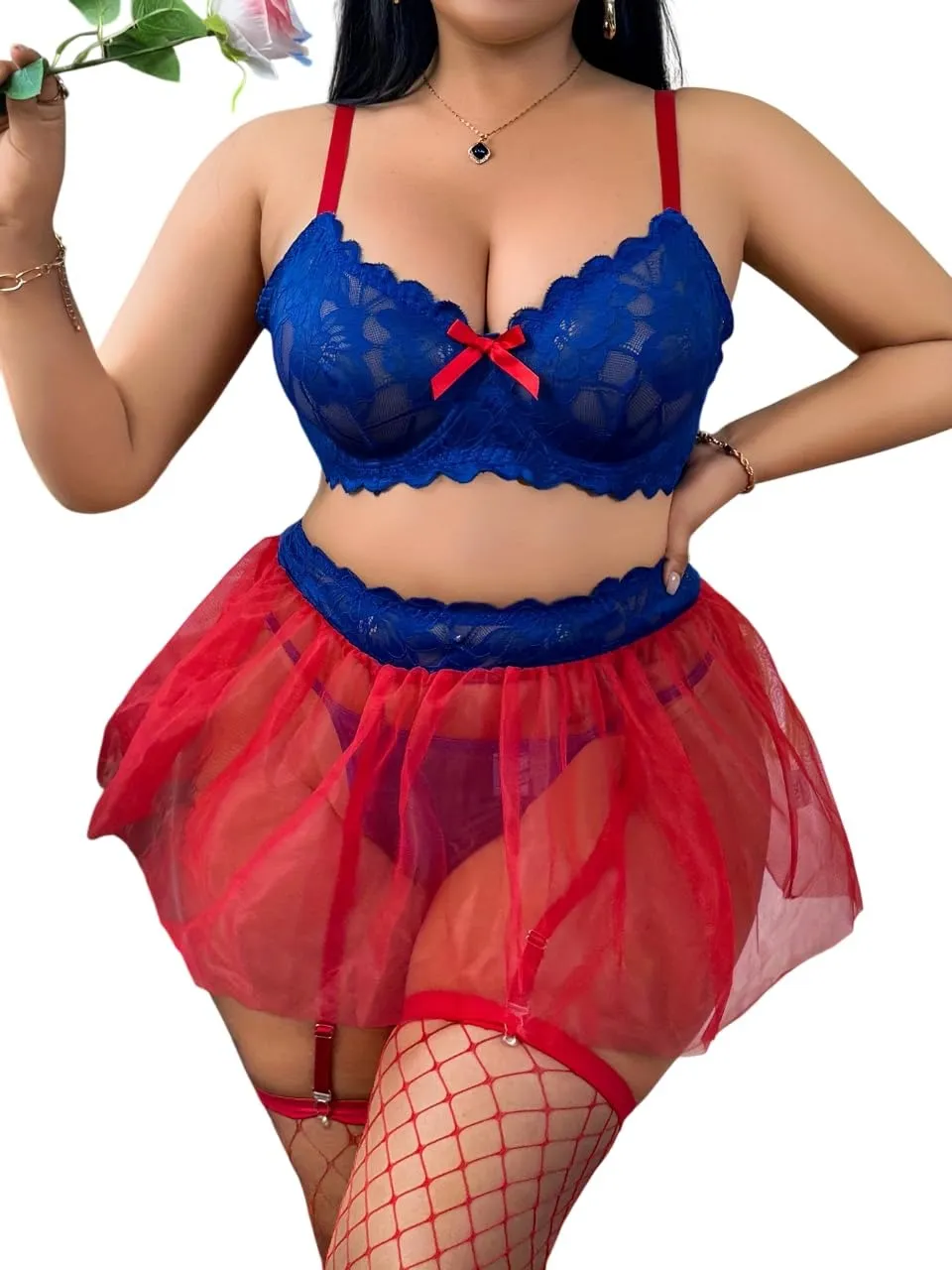 Fancyra Women Elegant Lace Top with Transparent Skirt and Thong Lingerie Set