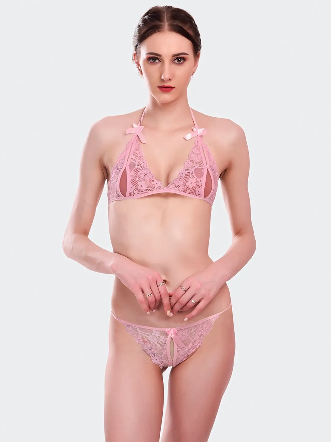 Fancyra Women Pink Net Lace Floral Non Padded Lingerie Bra Panty Set