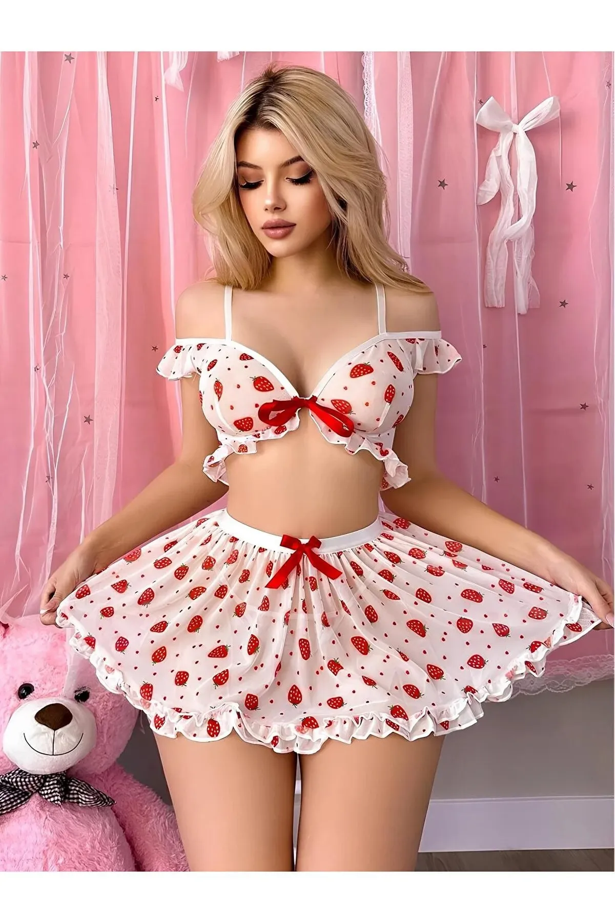 Fancyra Women Cute Strawberry Print Off Shoulder Teddy Babydoll Crop Top and Mini Skirt with Thong