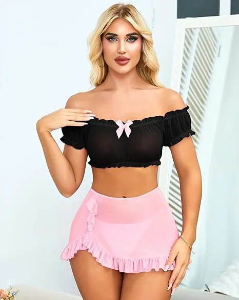 Fancyra Women Sheer Mesh Soft Net Off Shoulder Top & Ruffle Skirt Lingerie Set