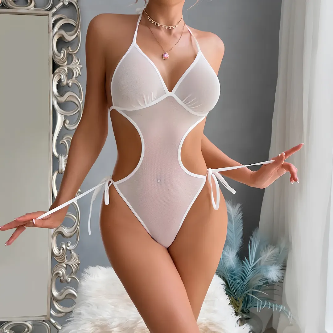 Fancyra Women Stylish Sheer Mesh Cutout Teddy Bodysuit with Halter Neck White