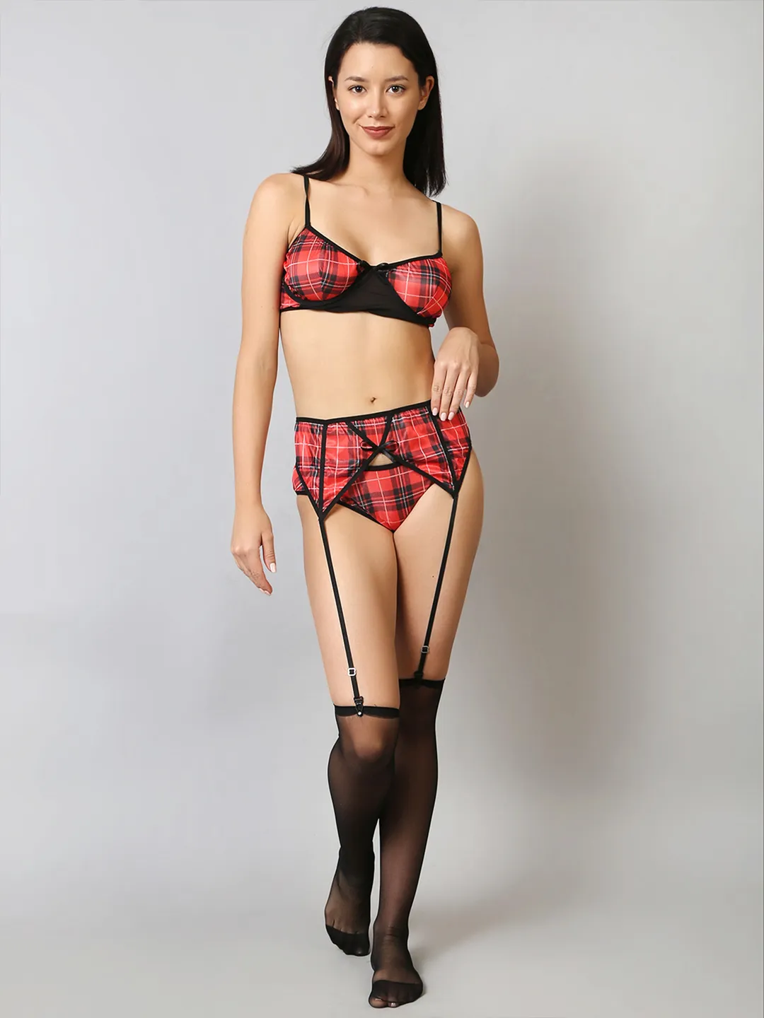 Fancyra Women Plaid Knit Lace Bra and Garter Belt Lingerie Set with Stocking