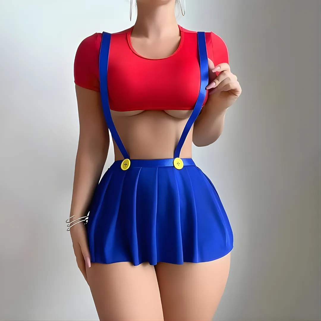 Fancyra Women Schoolgirl Cosplay Babydoll Lingerie - Red Crop Top & Blue Suspender Skirt